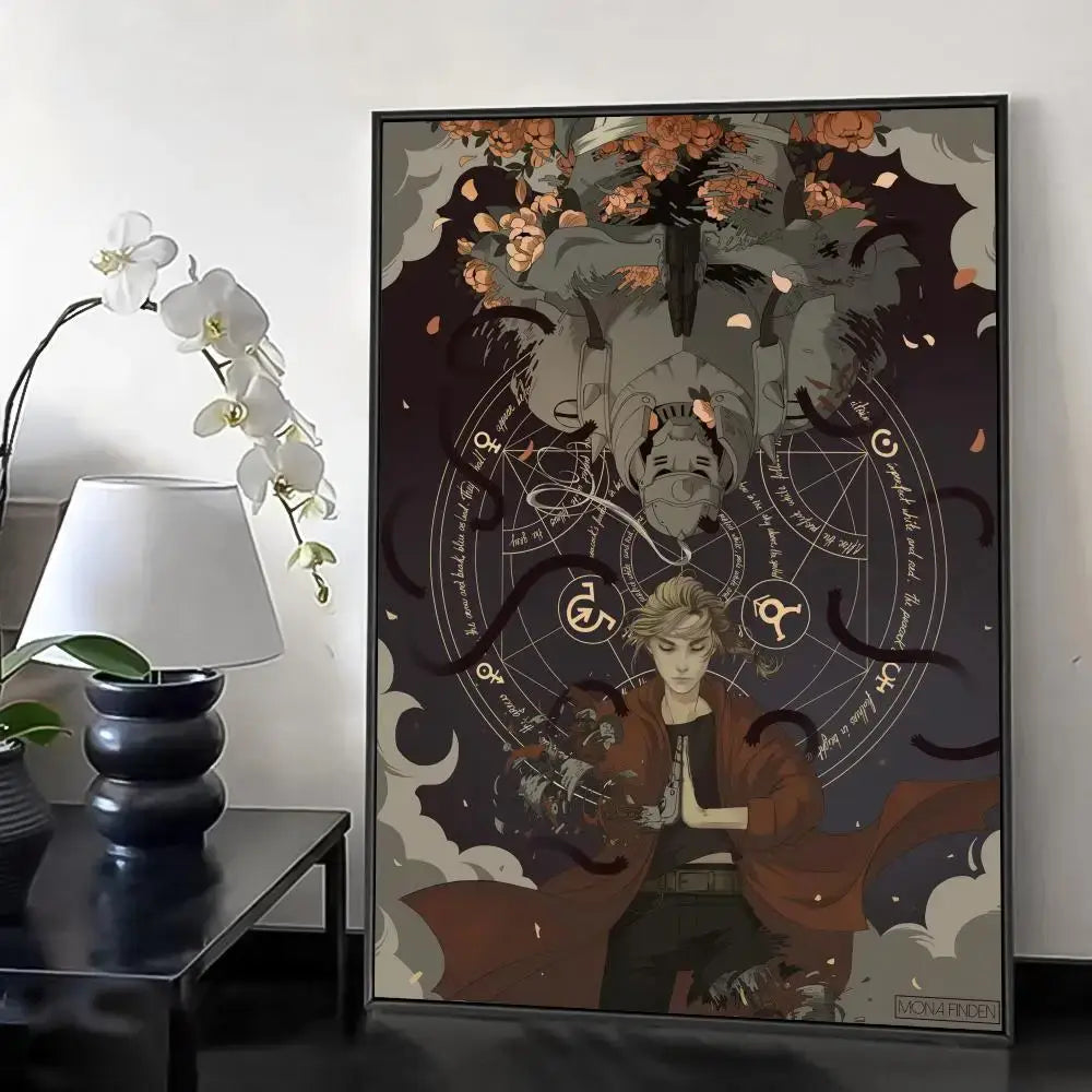 Framed canvas poster of fullmetal alchemist retro featuring a red coat character with alchemist retro calligraphy designs