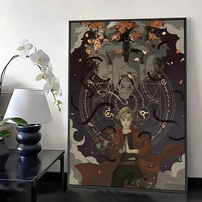 Framed canvas poster of fullmetal alchemist retro featuring a red coat character with alchemist retro calligraphy designs