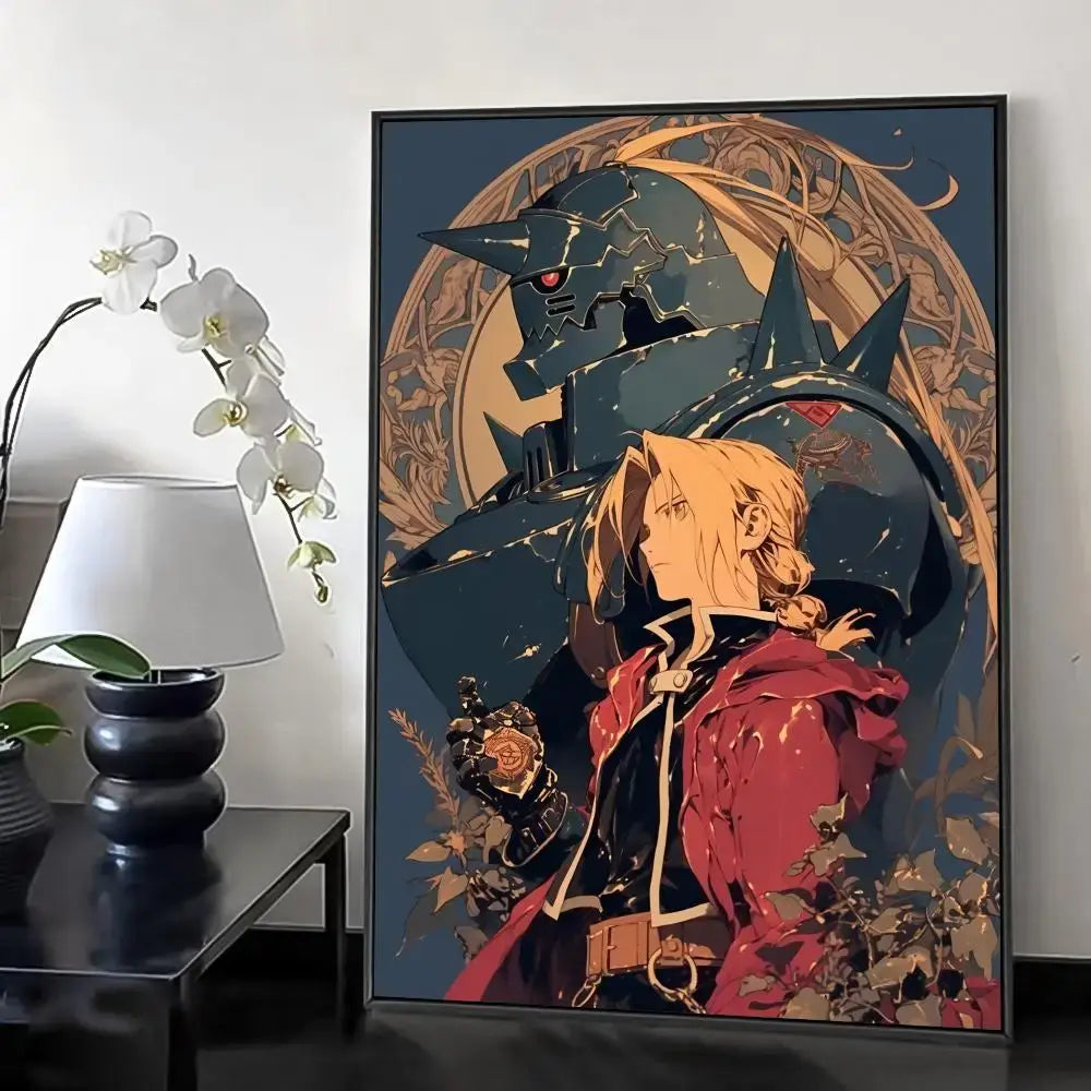 Framed fullmetal alchemist retro calligraphy canvas poster with a red-clad character and dark armored figure on gold background