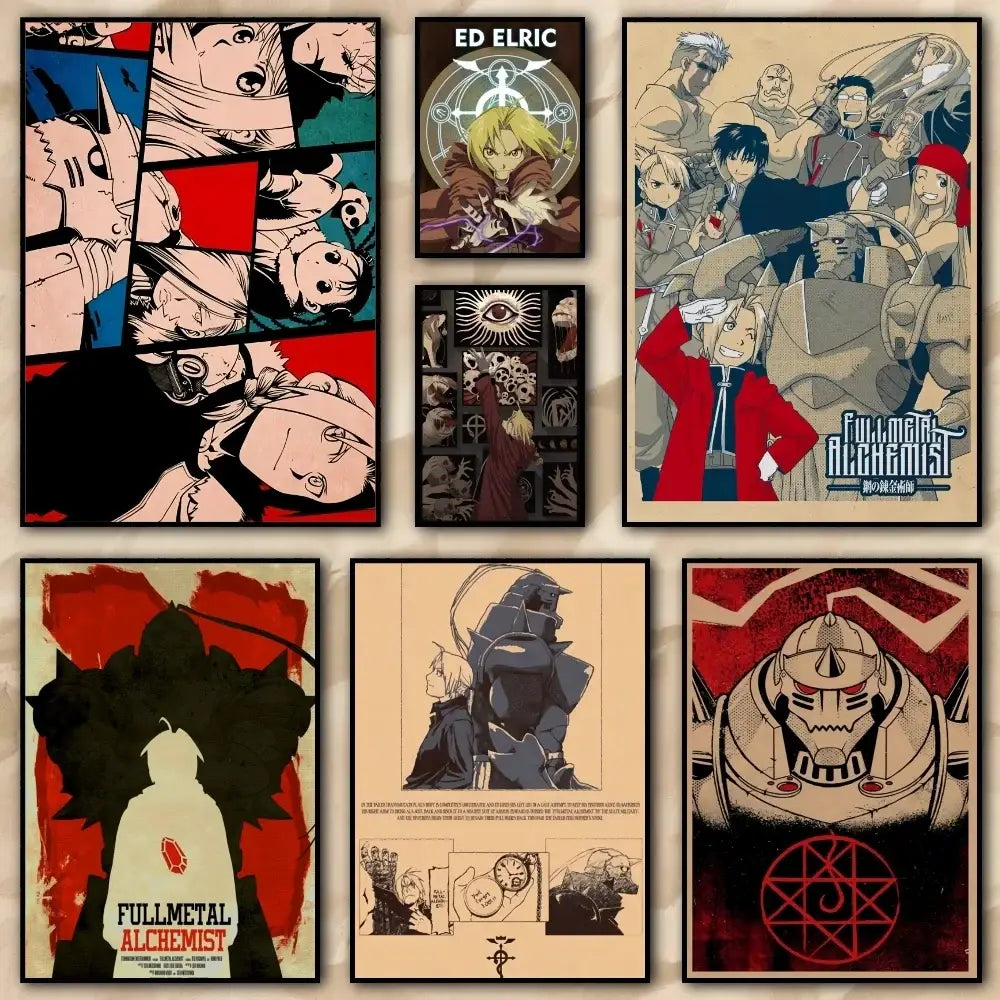 Fullmetal alchemist retro canvas poster featuring vintage-style alchemist retro calligraphy and anime characters on canvas