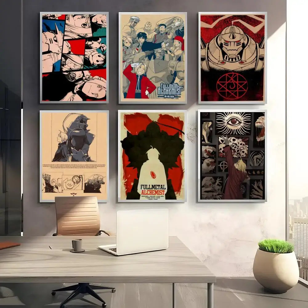 Set of six fullmetal alchemist retro canvas posters with alchemist retro calligraphy displayed in a modern workspace