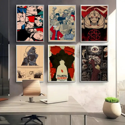 Set of six fullmetal alchemist retro canvas posters with alchemist retro calligraphy displayed in a modern workspace