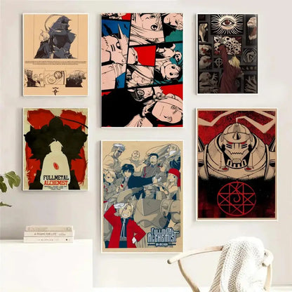 Six framed fullmetal alchemist retro calligraphy canvas posters displayed in a collage on a white wall