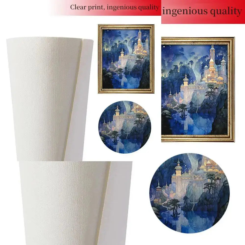 White canvas roll featuring a fullmetal alchemist retro calligraphy fantasy castle scene in deep blues and golds canvas poster