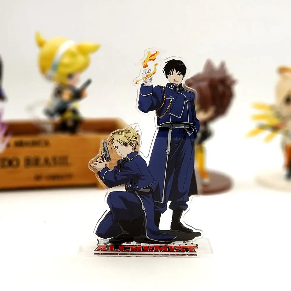 Blue and black fullmetal alchemist acrylic stand featuring roy mustang and character in military uniforms fire design