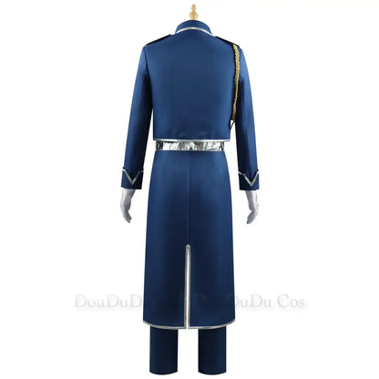 Deep navy blue military-style coat with silver trim and gold braiding shoulder for fullmetal alchemist roy mustang cosplay uniform