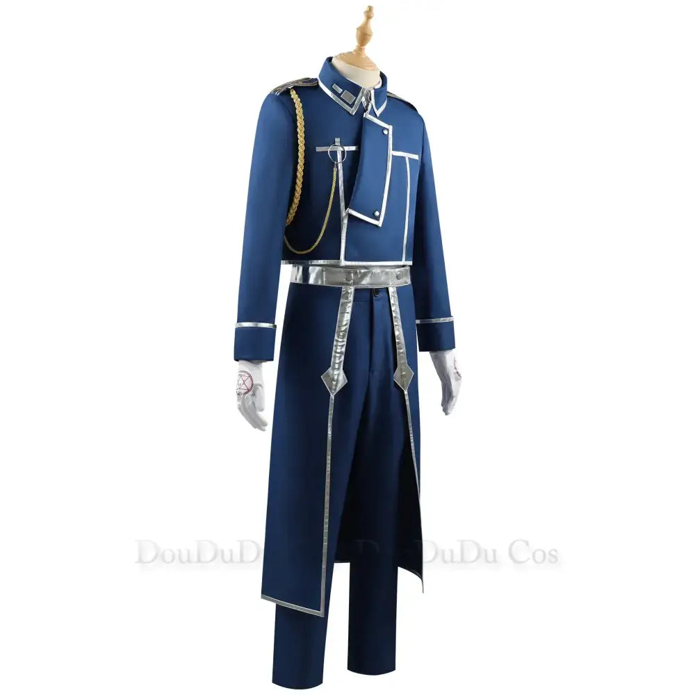 Deep blue fullmetal alchemist roy mustang cosplay uniform with silver trim and gold chain strap for men