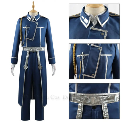 Navy blue fullmetal alchemist roy mustang cosplay uniform with silver trim and metallic accents men’s suit