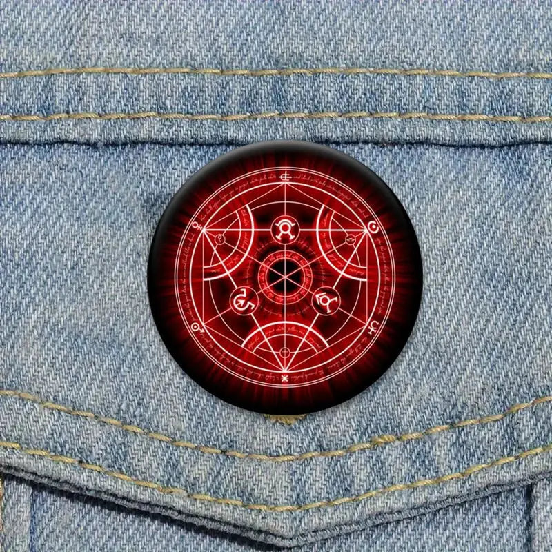 Fullmetal alchemist roy mustang enamel pin backpack badge with red black glowing occult sigil on blue denim fabric