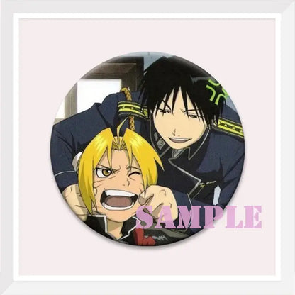 Circular enamel pin featuring roy mustang and blonde anime character in dark and green uniform from fullmetal alchemist