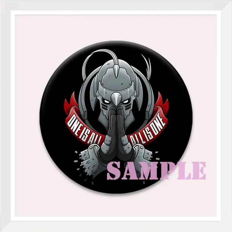 Black circular enamel pin featuring metallic gray armored roy mustang with glowing eyes and fullmetal alchemist design