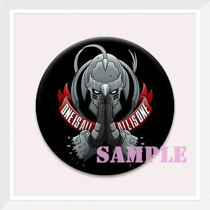 Black circular enamel pin featuring metallic gray armored roy mustang with glowing eyes and fullmetal alchemist design