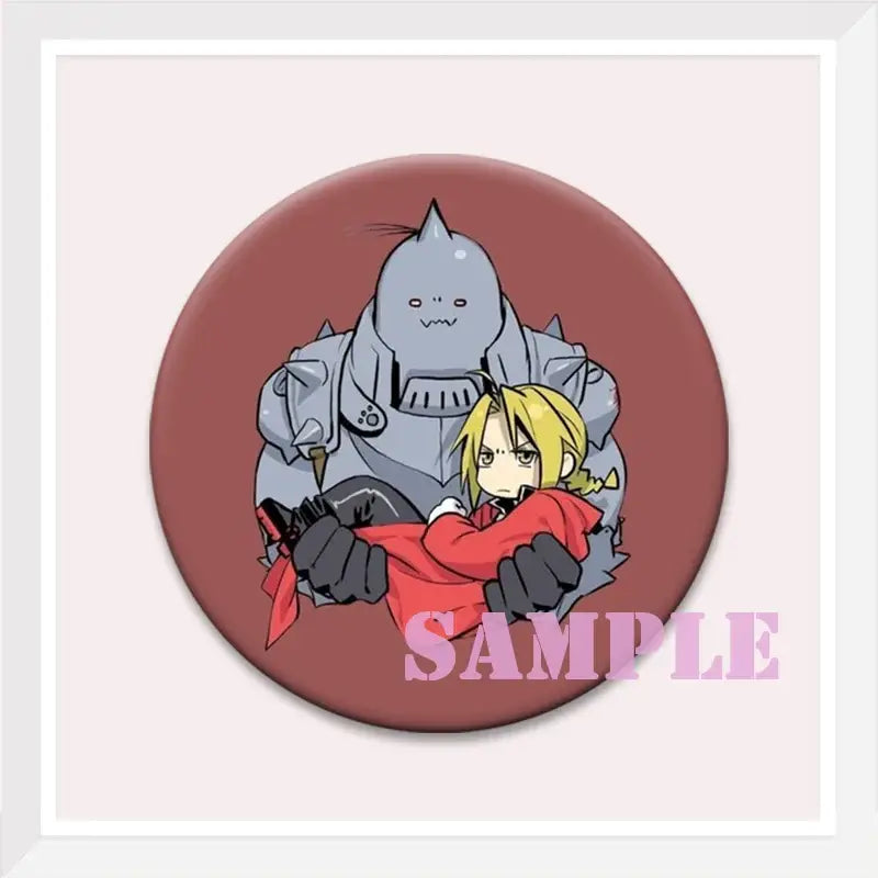 Circular enamel pin featuring roy mustang holding a blonde character in red clothing as a backpack badge