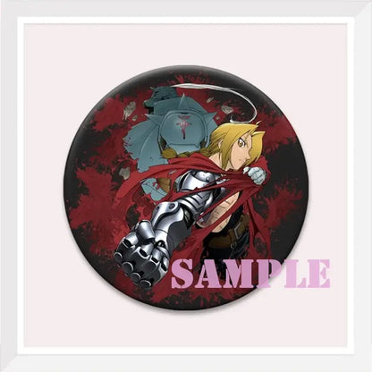 Circular enamel pin featuring roy mustang in silver armor with blonde hair and red cape backpack badge design