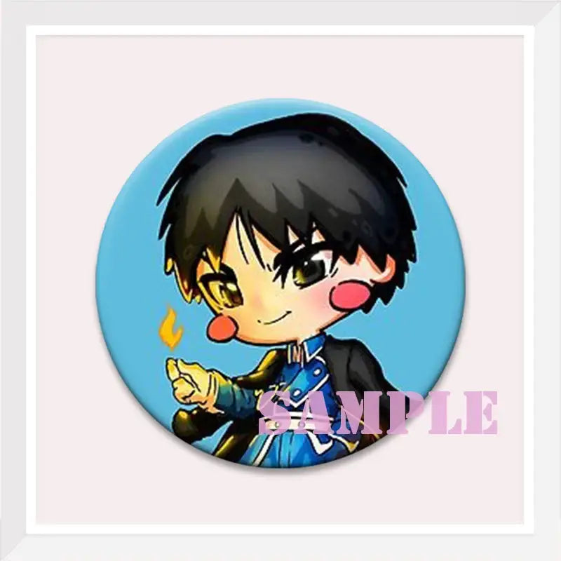 Circular blue enamel pin featuring chibi roy mustang with black hair and gold eyes from fullmetal alchemist