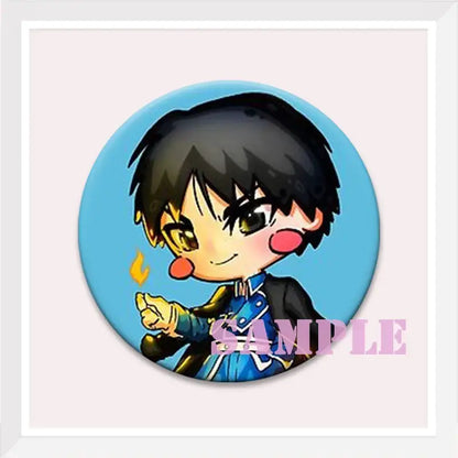 Circular blue enamel pin featuring chibi roy mustang with black hair and gold eyes from fullmetal alchemist