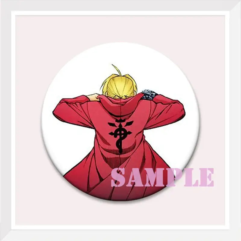 Back view of red hooded coat with black emblem, blonde hair, and silver glove in fullmetal alchemist roy mustang enamel pin