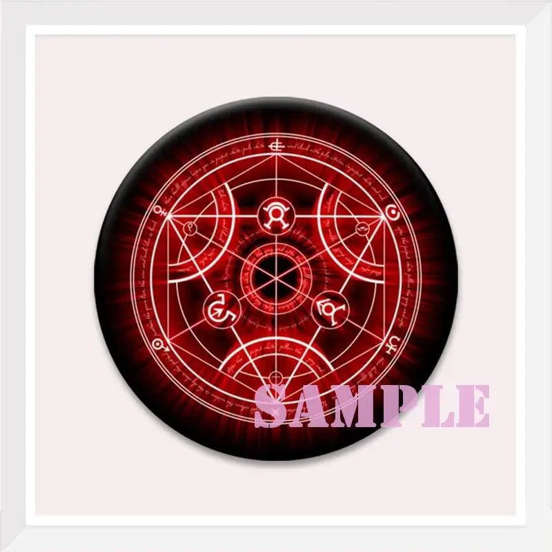 Red circular enamel pin featuring intricate white occult-style symbols as a roy mustang backpack badge