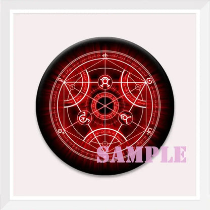 Red circular enamel pin featuring intricate white occult-style symbols as a roy mustang backpack badge