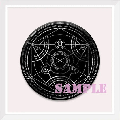 Black circular coaster with white geometric mystical symbols featuring fullmetal alchemist roy mustang enamel pin backpack badge design
