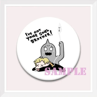 White circular enamel pin featuring a cartoon grey ghost holding a spoon above roy mustang from fullmetal alchemist