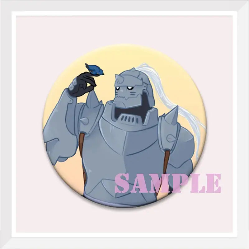 Roy mustang fullmetal alchemist enamel pin featuring gray metallic armor and a blue bird perched on the hand
