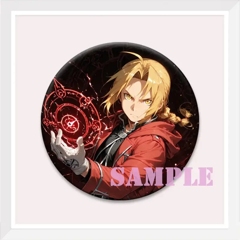 Circular enamel pin of roy mustang with blonde hair and red coat holding a glowing red magical symbol backpack badge