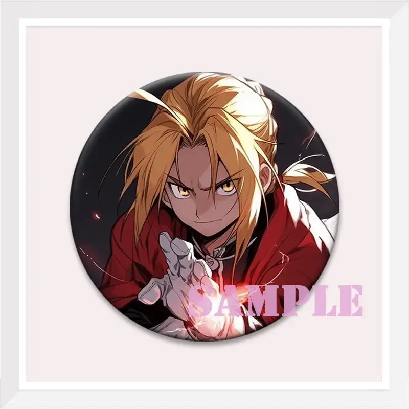 Circular roy mustang enamel pin with golden hair and yellow eyes wearing red coat, perfect as a backpack badge