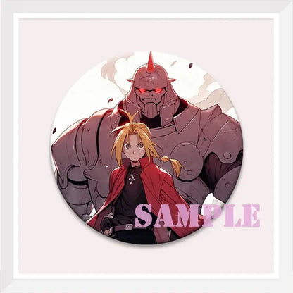 Circular enamel pin featuring fullmetal alchemist edward elric in red coat and alphonse elric automail body