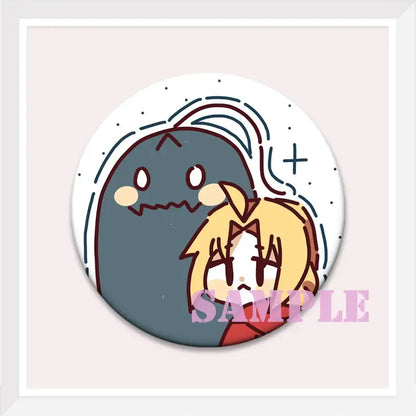 Circular enamel pin featuring roy mustang and a dark gray ghost-like character from fullmetal alchemist backpack badge