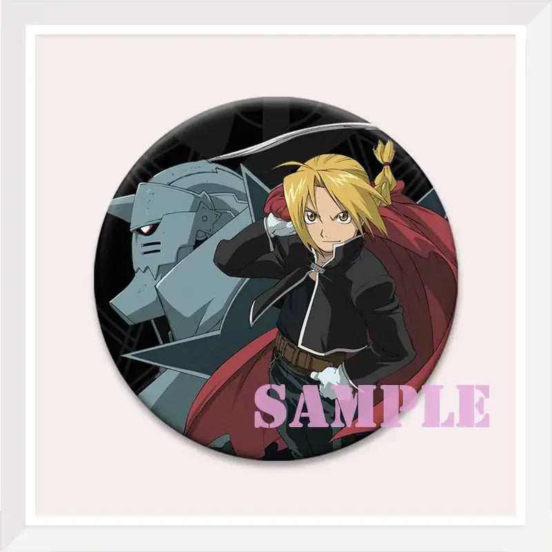 Circular enamel pin featuring roy mustang and a blonde anime character from fullmetal alchemist with red cape