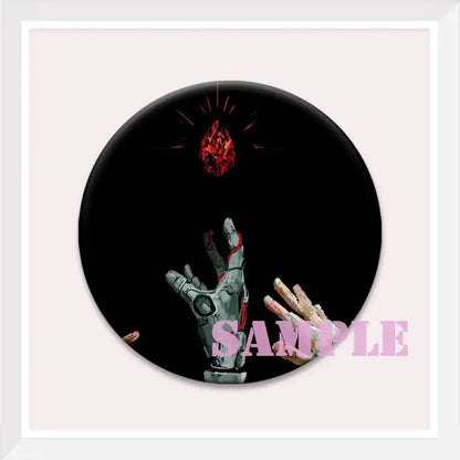 Black circular enamel pin featuring roy mustang inspired mechanical and organic hands reaching toward a red gem backpack badge