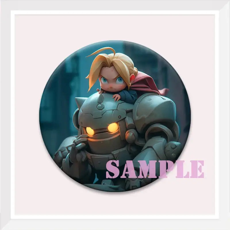 Circular enamel pin featuring chibi edward elric riding his mechanical armor with glowing eyes in fullmetal alchemist style
