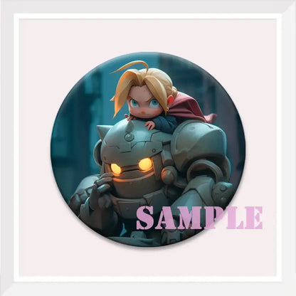 Circular enamel pin featuring chibi edward elric riding his mechanical armor with glowing eyes in fullmetal alchemist style