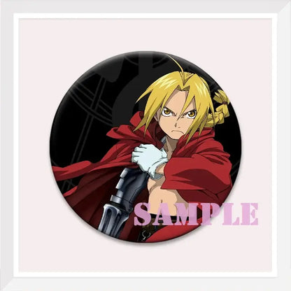 Circular enamel pin featuring roy mustang from fullmetal alchemist holding a sword in red cloak on black background