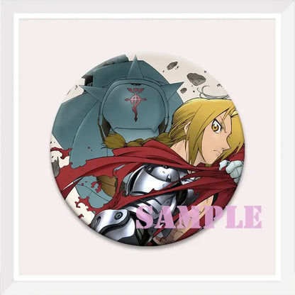 Circular enamel pin featuring roy mustang and a blue armored figure with a crimson emblem backpack badge design