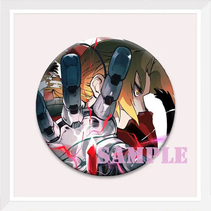 Circular enamel pin featuring roy mustang from fullmetal alchemist with blonde hair and mechanical arms on red backdrop