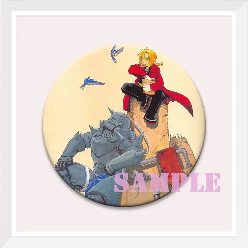 Circular enamel pin featuring edward elric in red coat with alphonse armor on pale yellow background backpack badge