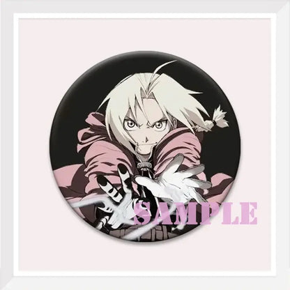 Fullmetal alchemist roy mustang enamel pin featuring white hair character in pink cloak backpack badge on black background