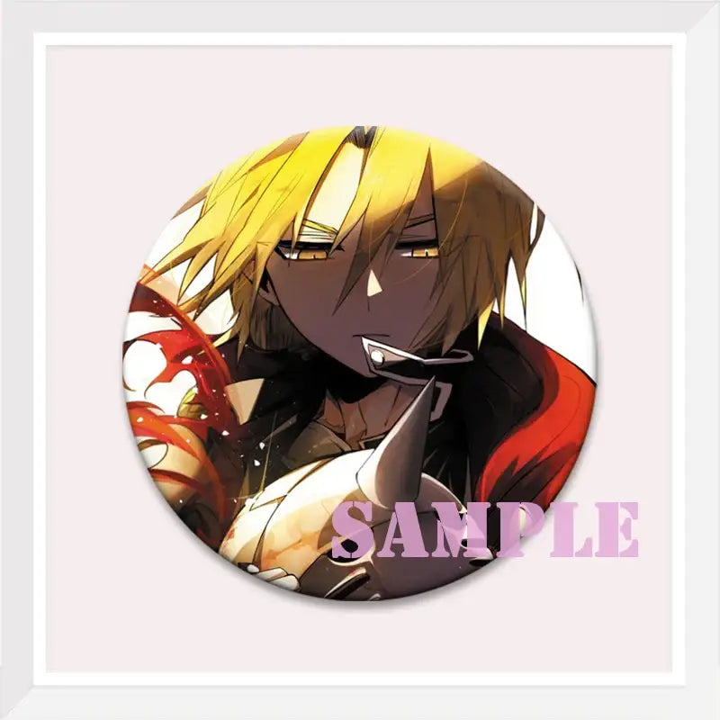 Circular enamel pin featuring roy mustang with spiky blonde hair red cape and armor as a backpack badge