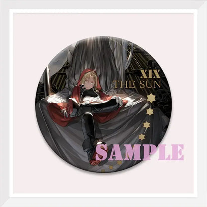 Circular enamel pin featuring roy mustang in red hooded cloak with gold text xix the sun and star motifs from fullmetal alchemist