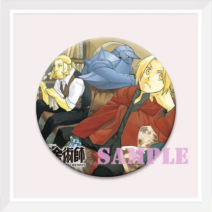 Circular enamel pin featuring edward elric in red coat and winry rockbell as a roy mustang backpack badge