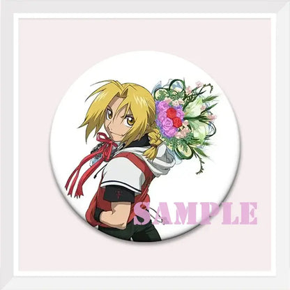 Circular enamel pin featuring roy mustang with blonde hair and red ribbon holding a colorful flower bouquet backpack badge