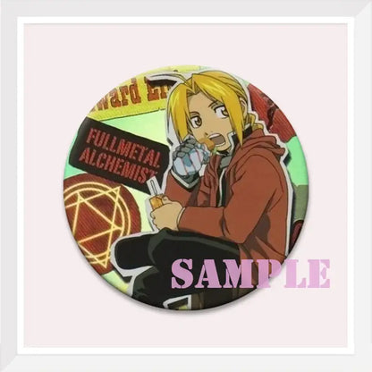 Circular enamel pin featuring roy mustang in a red hoodie holding a flask with fullmetal alchemist text and symbols