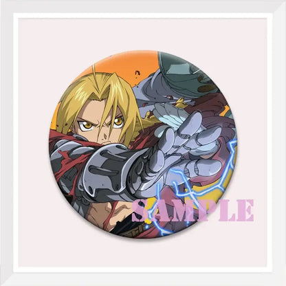 Circular enamel pin of roy mustang from fullmetal alchemist with blonde hair metallic armor and red cape on orange background