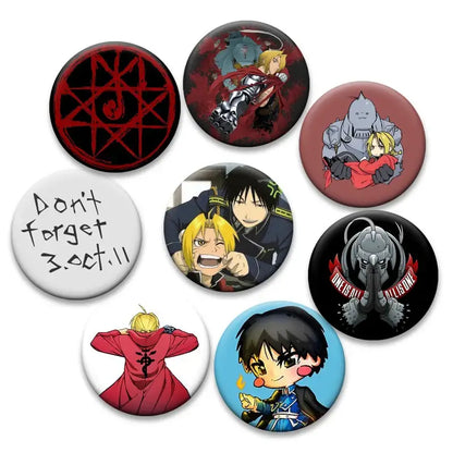 Set of seven fullmetal alchemist enamel pins featuring roy mustang red coat and metallic armor designs for backpacks