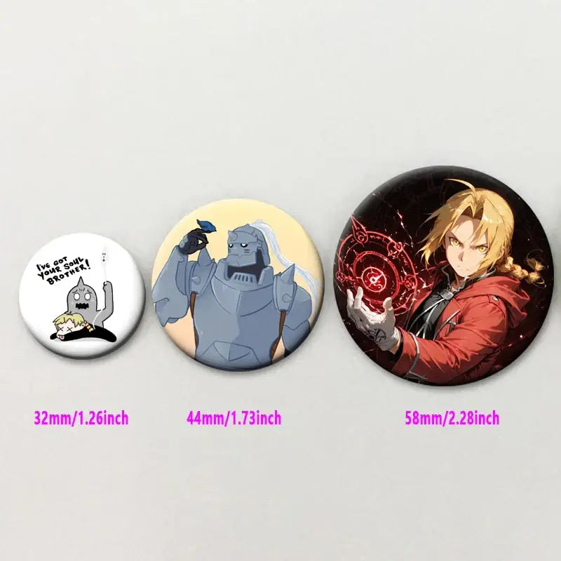 Three circular fullmetal alchemist enamel pin badges featuring roy mustang in sizes 32mm to 58mm for backpacks