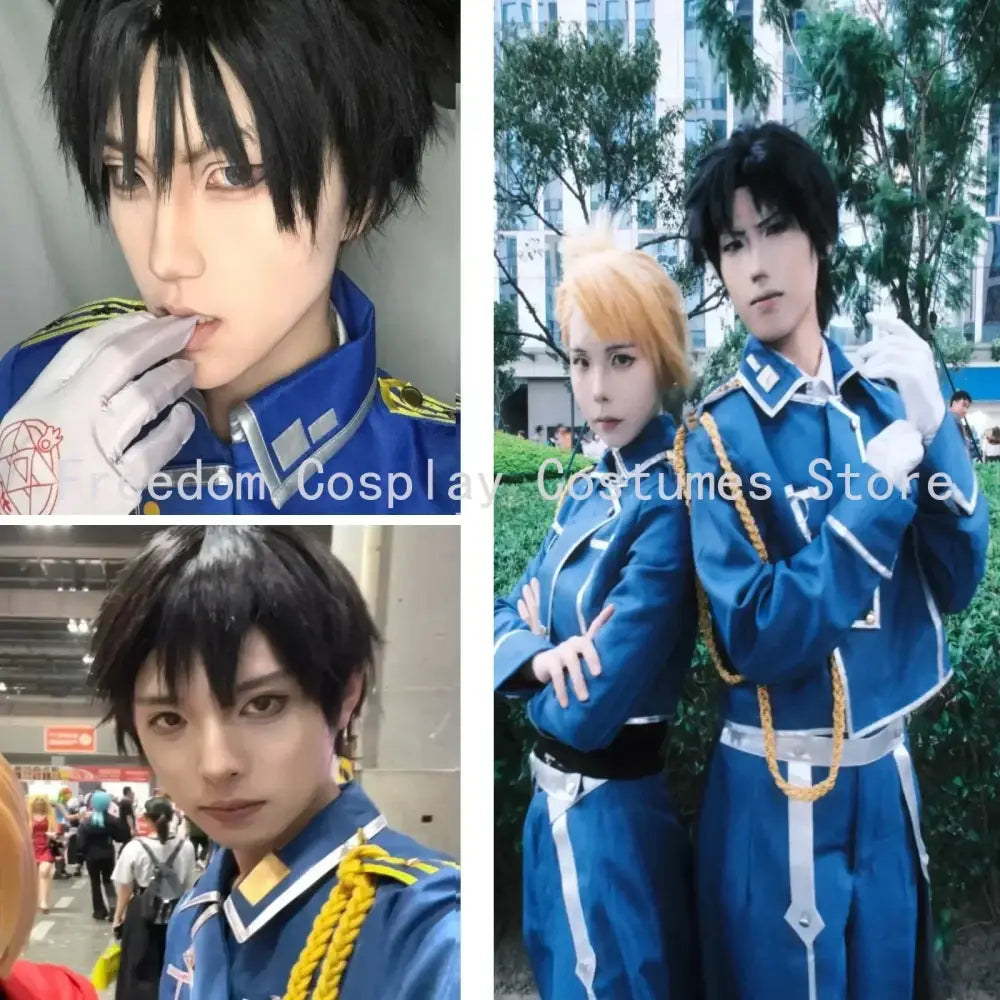 Blue fullmetal alchemist military coat cosplay uniform with white trim and gold braided sash for Roy Mustang cosplay