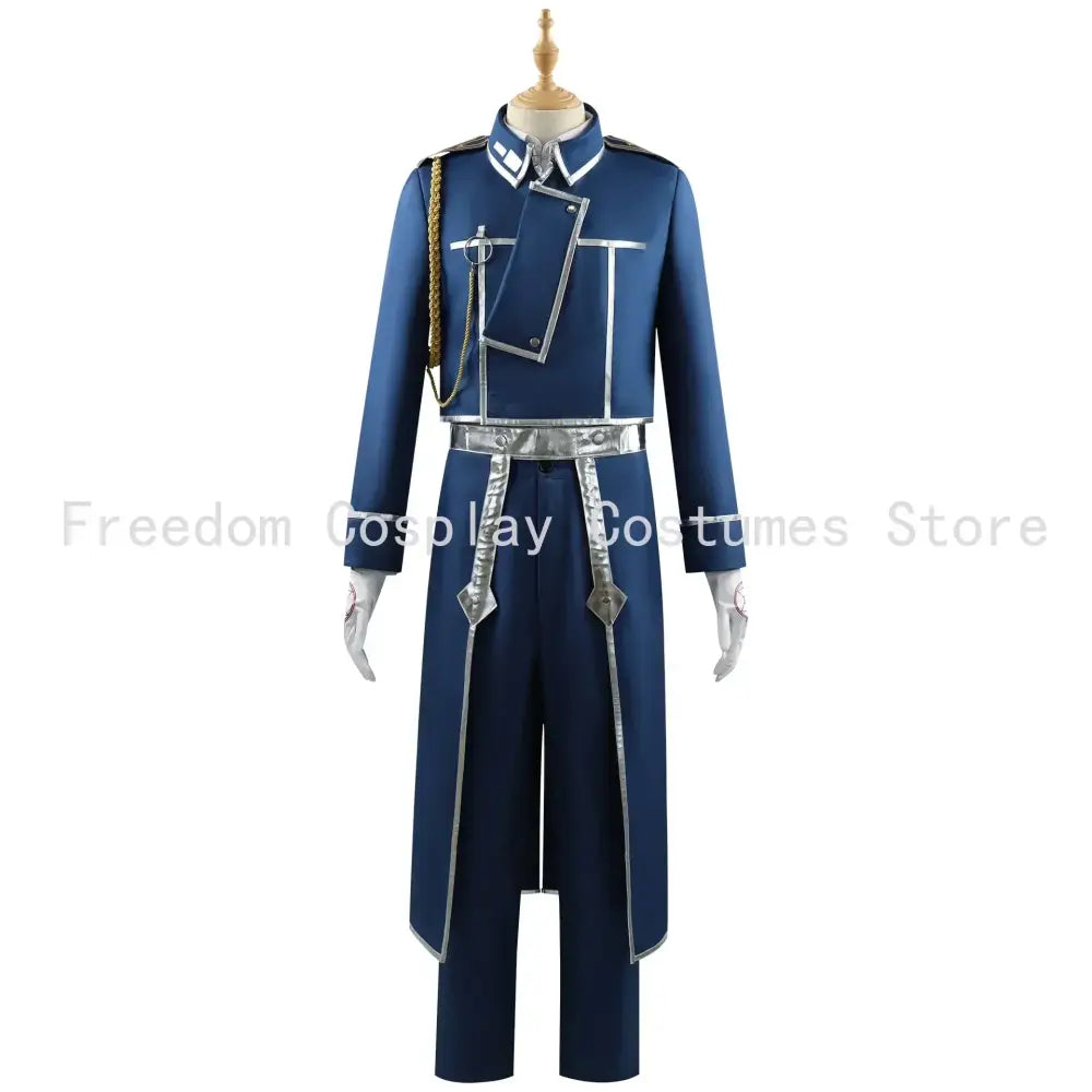 Navy blue fullmetal alchemist roy mustang military coat cosplay uniform with silver trim and metallic accents