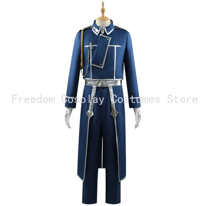 Navy blue fullmetal alchemist roy mustang military coat cosplay uniform with silver trim and metallic accents